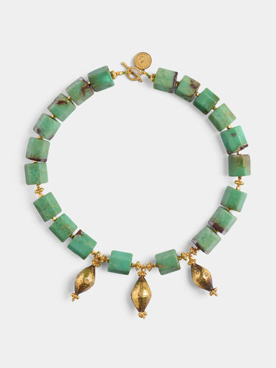 Mahnaz Collection Vintage alexandra essex 18kt yellow gold and chrysoprase bead hexagonal necklace at Collagerie