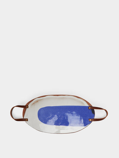 Silvia K Ceramics Hand-glazed terracotta large platter with leather handles at Collagerie