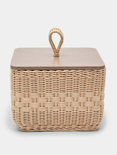 Mila Maurizi Coralia handwoven wicker and wood lidded container at Collagerie