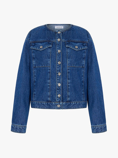 Aligne Moto collarless denim jacket at Collagerie