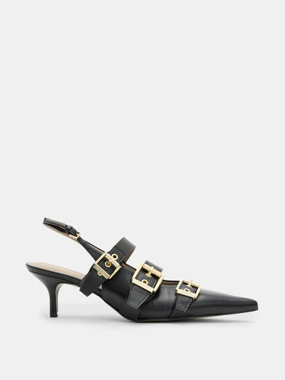 All Saints Grace leather buckled slingback heels at Collagerie