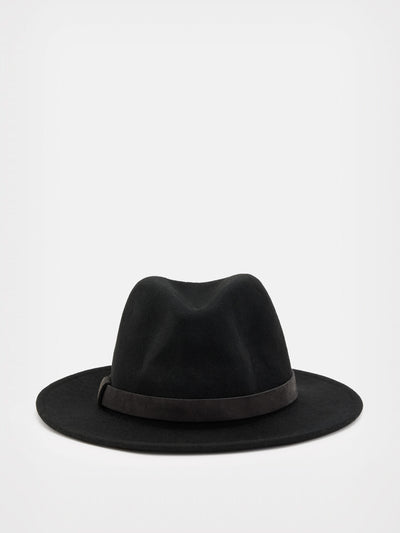 Allsaints Black wide-brim wool fedora hat at Collagerie