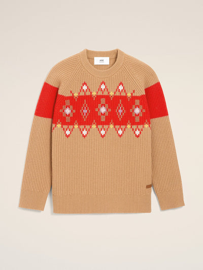 Ami Paris Brown wool round collar with cross stitch sweater at Collagerie