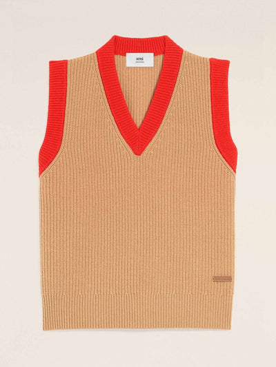 Ami Paris Brown wool sleeveless V-neck sweater at Collagerie