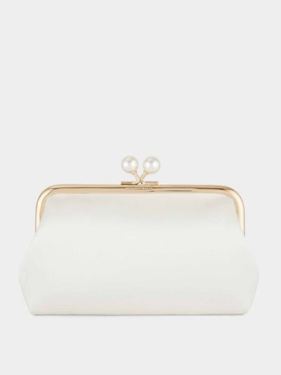 Anya Hindmarch White satin pearl clasped clutch at Collagerie