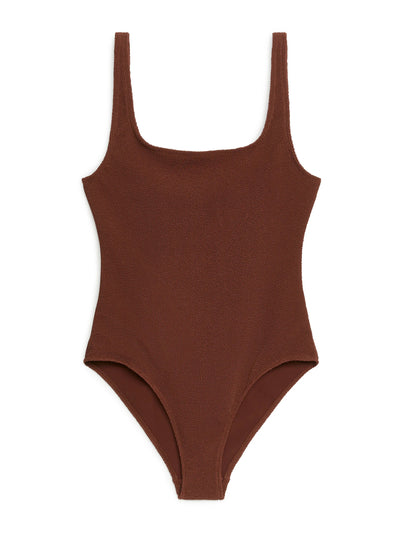 Arket Brown crinkle square-neck swimsuit at Collagerie