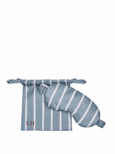 Asceno London eye mask in Dust Blue striped silk with personalised pouch at Collagerie