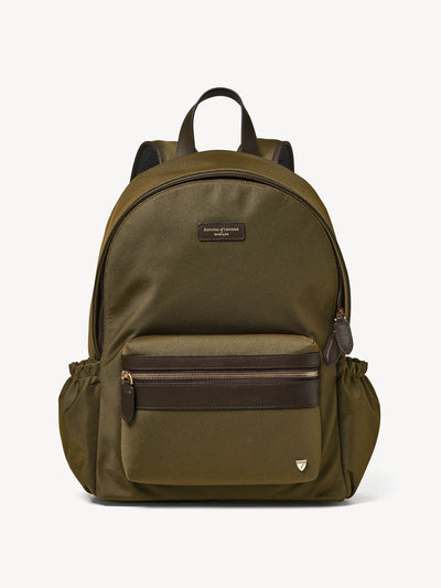 Aspinal Of London Men's backpack in olive nylon canvas with leather trim at Collagerie