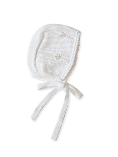Gughelino Roselline hand-embroidered Italian-cotton baby bonnet at Collagerie