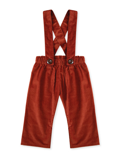 Pimpiripette x Baboushkini Aldo trousers with braces in rust corduroy at Collagerie