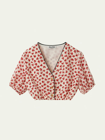 Miu Miu Heart print cropped silk shirt at Collagerie