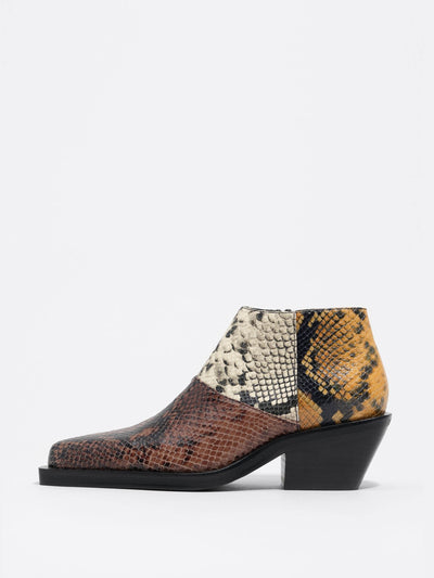 Bimba Y Lola Patchwork snake leather cowboy shoe boots at Collagerie