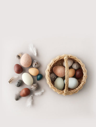Binky A Dozen bird eggs in a basket at Collagerie