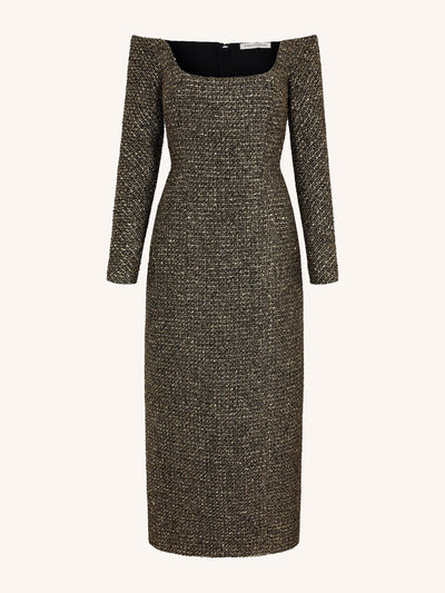 Emilia Wickstead Birch dress in gold disco tweed at Collagerie
