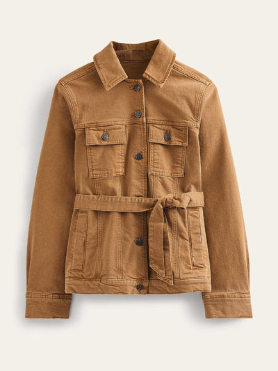 Boden Belted denim jacket in Raw Umber at Collagerie