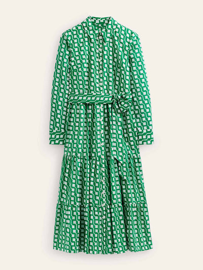 Boden Tiered maxi shirt dress in Emerald Cube Geo at Collagerie