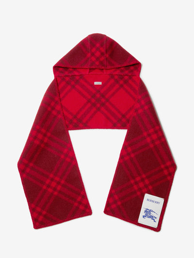 Burberry Check wool hooded red scarf at Collagerie