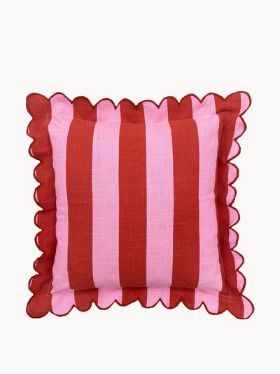Amuse La Bouche Cerise & fuchsia outdoor stripe scallop cushion cover at Collagerie