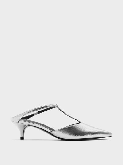 Charles & Keith Metallic T-bar pointed-toe kitten-heel mules at Collagerie