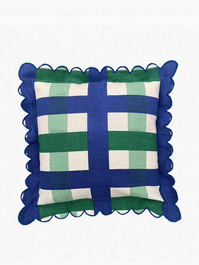 Amuse La Bouche Verde & navy check scallop outdoor cushion cover at Collagerie