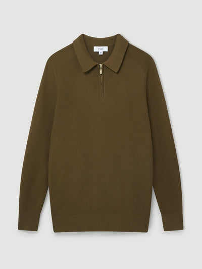 Ché Studios. Dark olive polo shirt with long sleeves at Collagerie