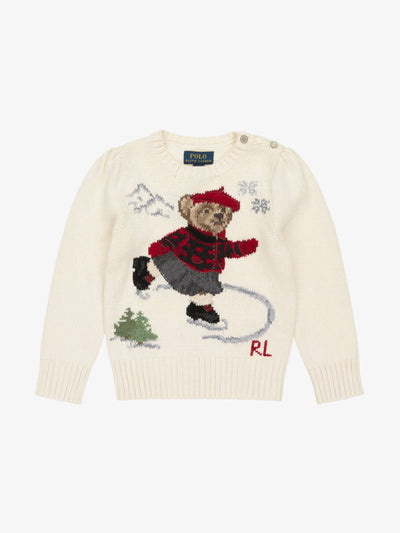Ralph Lauren Girls ivory cotton knit sweater with ice skating polo bear at Collagerie