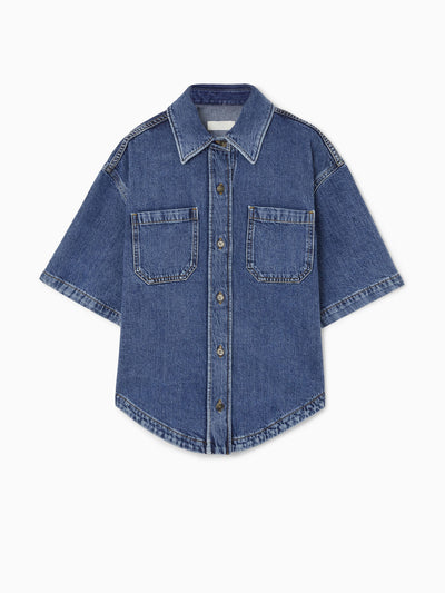 Cos Curved-hem short-sleeved denim shirt at Collagerie