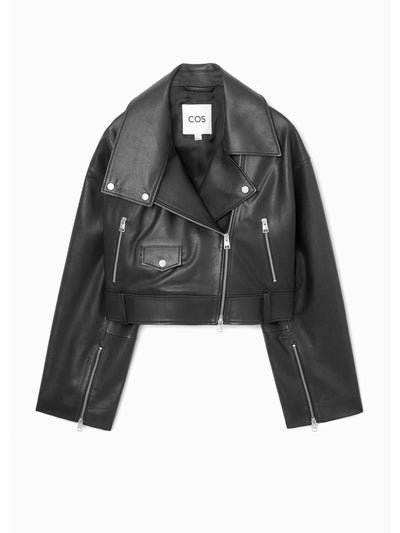 Cos Oversized cropped leather biker jacket at Collagerie