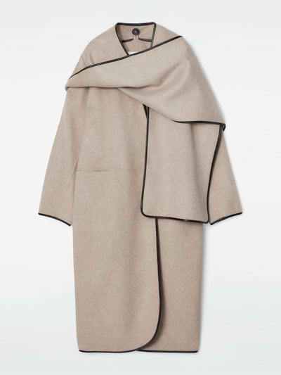 Cos Leather-trimmed wool scarf coat at Collagerie