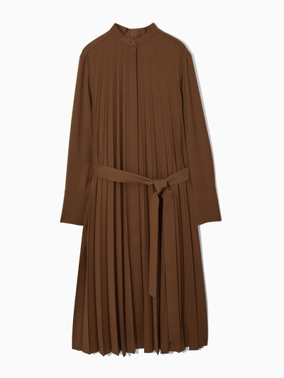 Cos Pleated wool-blend brown shirt dress at Collagerie