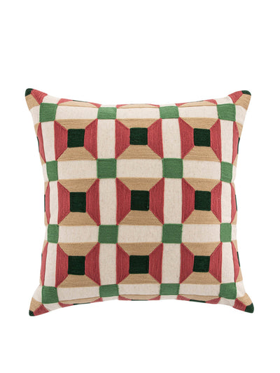 daals Knox pink green & beige crewelwork wool embroidered cushion at Collagerie