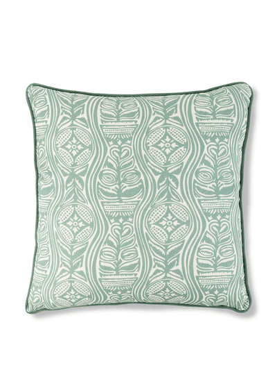 Volga Linen Dacha print cushion in teal with teal trim at Collagerie