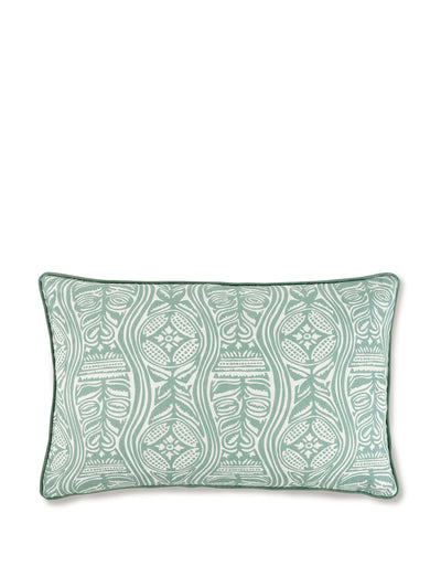 Volga Linen Dacha print cushion in teal with venetian linen velvet in midnight blue at Collagerie