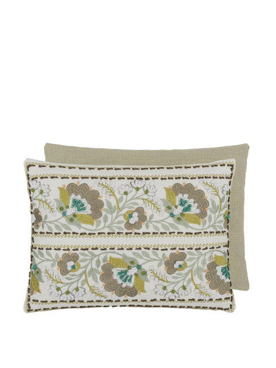 Designers Guild Enamel flower embroidered celadon cotton cushion at Collagerie