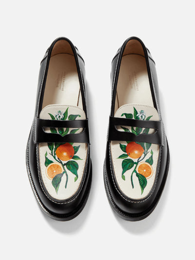 Duke + Dexter Wilde hand-painted orange penny loafers at Collagerie