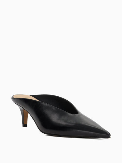 Dune Decisive black leather kitten heel mules at Collagerie