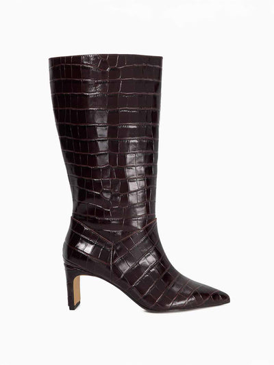 Dune Olette burgundy leather reptile effect pointed toe boots at Collagerie
