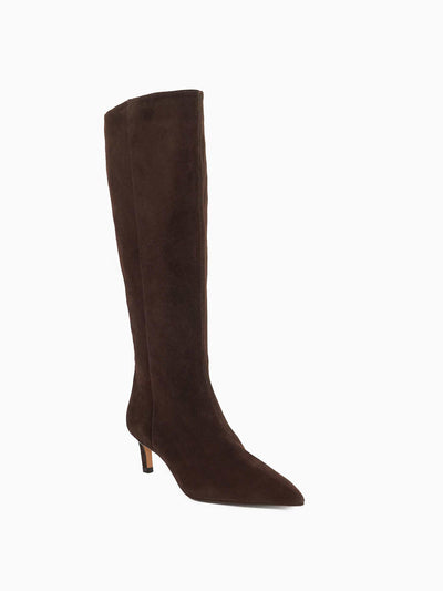 Dune Smoothly brown kitten-heel knee-high boots at Collagerie