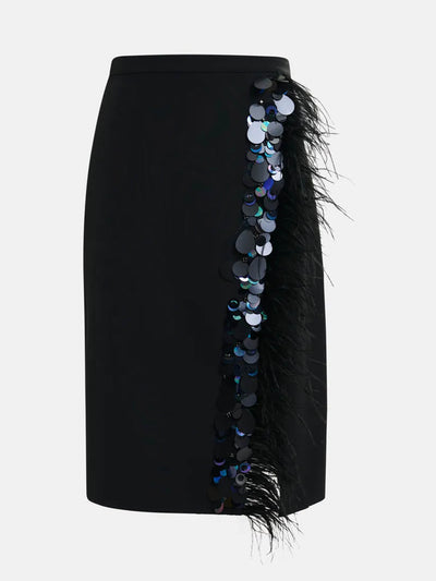 Essentiel Antwerp Black embellished feather-trimmed midi skirt at Collagerie