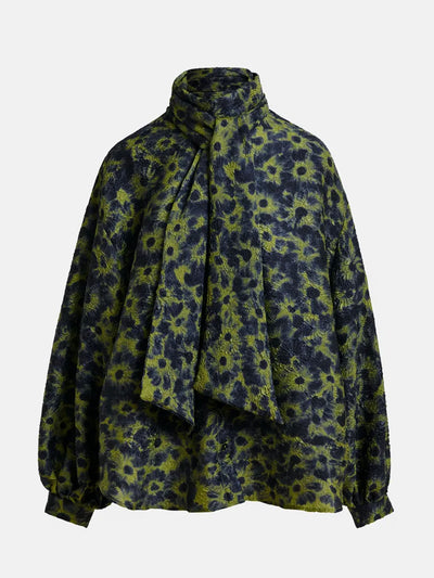 Essentiel Antwerp Khaki and dark blue floral jacquard shirt with pussy bow at Collagerie