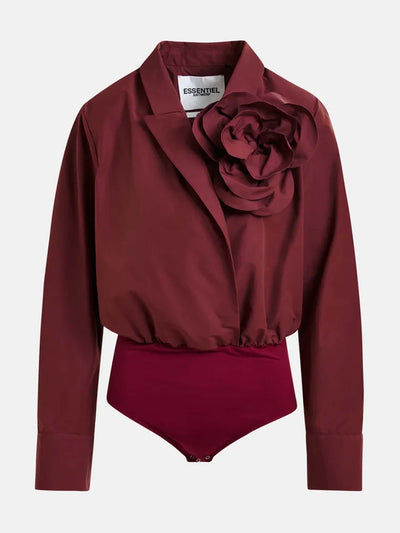 Essentiel Antwerp Burgundy bodysuit with self-fabric flower at Collagerie