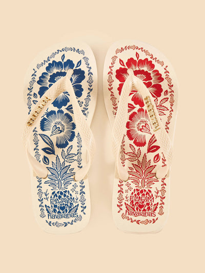 Farm Rio x Havianas Blue and red Mixed Pineapple Garden flipflops at Collagerie