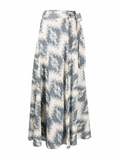 Boteh Blue ikat cotton wrap maxi skirt at Collagerie