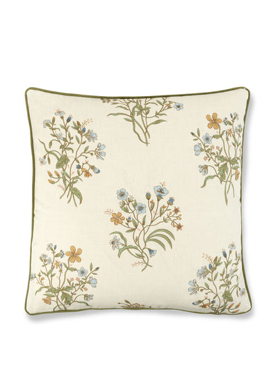 Volga Linen Flax and field flower cushion with fern green trim at Collagerie