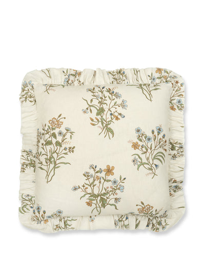 Volga Linen Flax and field flower print cushion with frill at Collagerie