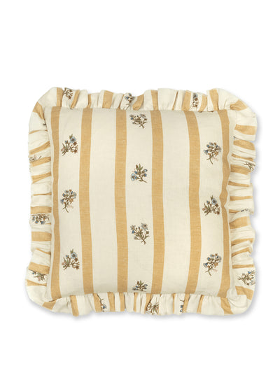 Volga Linen Flax and field posy stripe cushion in ochre with frill at Collagerie