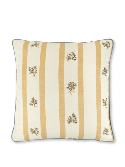 Volga Linen Flax & field posy stripe cushion in ochre with contrast reverse and chambray blue trim at Collagerie