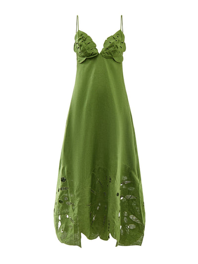 Farm Rio Green monstera embroidery midi dress at Collagerie