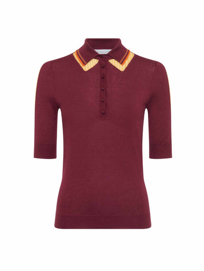 Gabriela Hearst Wendelyn knit short sleeve polo in merlot multi cashmere silk at Collagerie