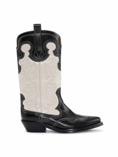 Ganni Monochrome mid shaft embroidered western boots at Collagerie